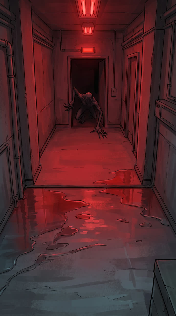 Corredor B com uma silhueta saindo de uma porta