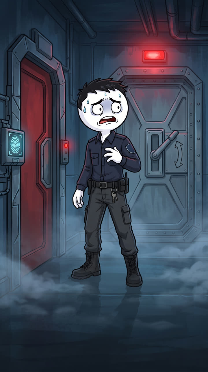 O vigia parado entre a porta vermelha com leitor de digital e a porta de contenção, sob luz de emergência